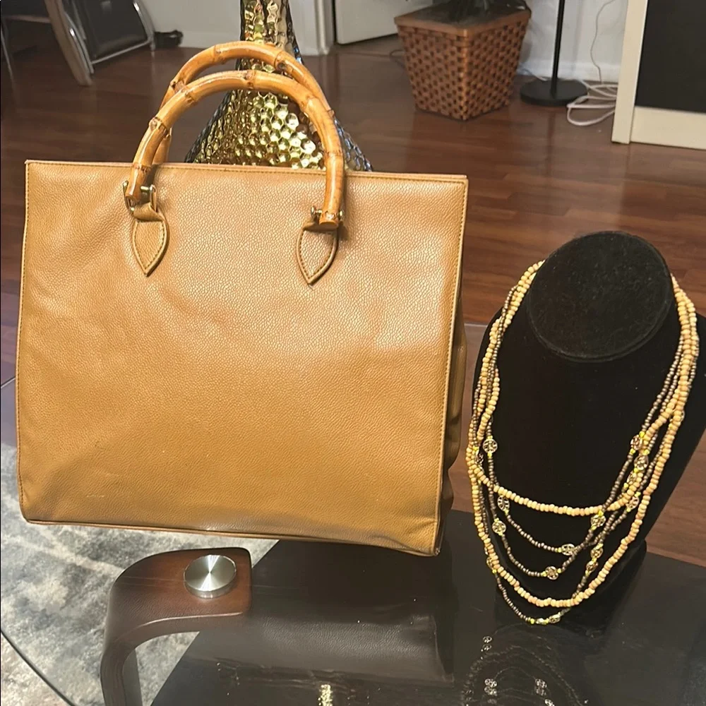 Elegant Tan Leather Tote Bag  bundle & necklace @$35 - Picture 6 of 9